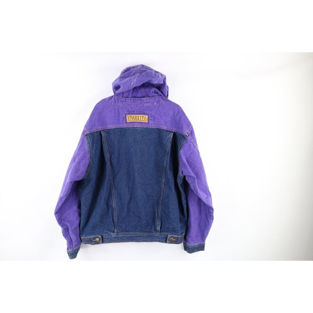 NOS Vintage 90s Streetwear Mens Large Color Block Hooded Denim Trucker Jacket - Picture 7 of 10
